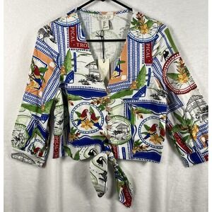 Rachel Zoe Linen Blend Tropical Bird Tie Front Top Small Resort Travel Vacay NWT